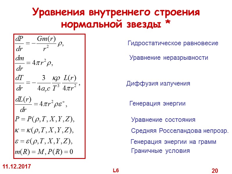 11.12.2017 L6 20 Уравнения внутреннего строения нормальной звезды * Гидростатическое равновесие Уравнение 11.12.2017 L6 20 Уравнения внутреннего строения нормальной звезды * Гидростатическое равновесие Уравнение